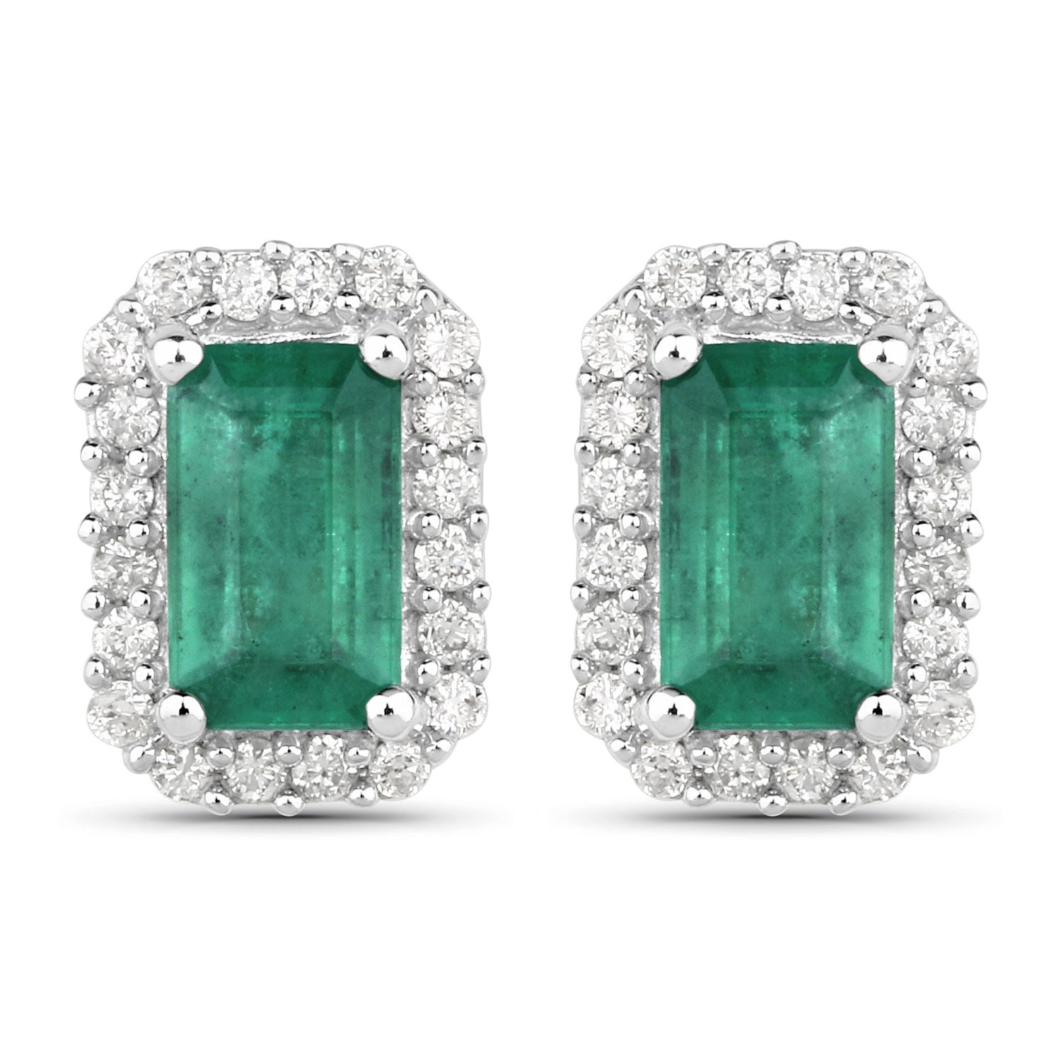 0.91 Carat Genuine Zambian Emerald and White Diamond 14K White Gold Earrings by Avera Group