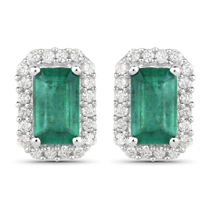 0.91 Carat Genuine Zambian Emerald and White Diamond 14K White Gold Earrings by Avera Group