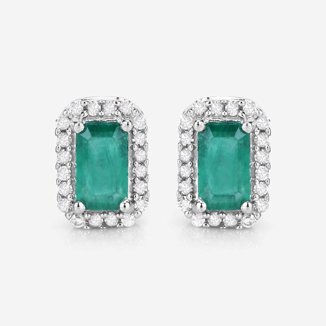 0.91 Carat Genuine Zambian Emerald and White Diamond 14K White Gold Earrings by Avera Group