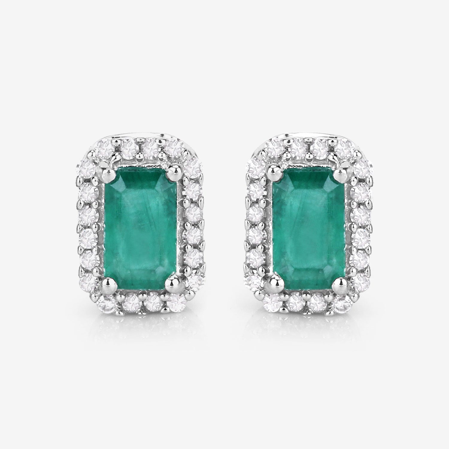 0.91 Carat Genuine Zambian Emerald and White Diamond 14K White Gold Earrings by Avera Group