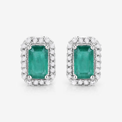 0.91 Carat Genuine Zambian Emerald and White Diamond 14K White Gold Earrings by Avera Group