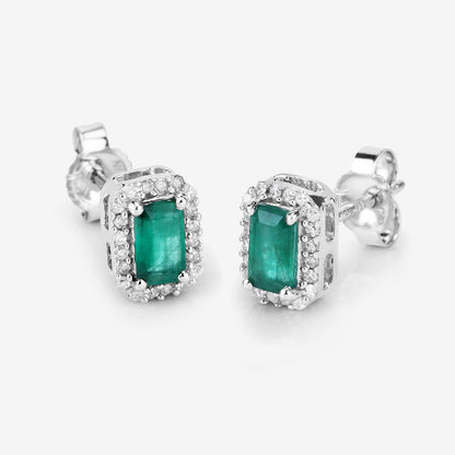 0.91 Carat Genuine Zambian Emerald and White Diamond 14K White Gold Earrings by Avera Group