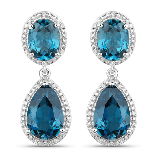 11.45 Carat Genuine London Blue Topaz and White Diamond .925 Sterling Silver Earrings  DestGlow