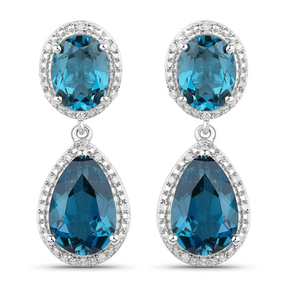 11.45 Carat Genuine London Blue Topaz and White Diamond .925 Sterling Silver Earrings  DestGlow