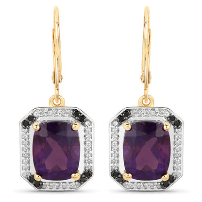 5.56 Carat Genuine Amethyst, Black Diamond and White Topaz .925 Sterling Silver Earrings  DestGlow