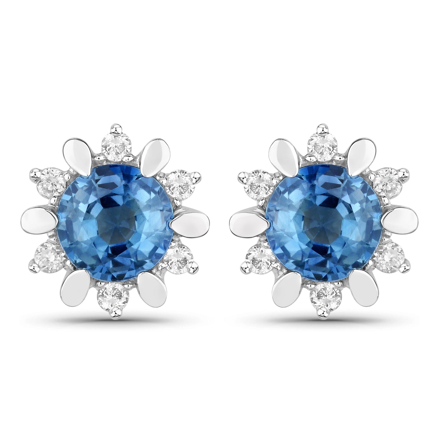 1.87 Carat Genuine Blue Sapphire and White Diamond 14K White Gold Earrings
