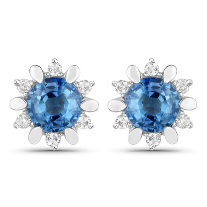 1.87 Carat Genuine Blue Sapphire and White Diamond 14K White Gold Earrings