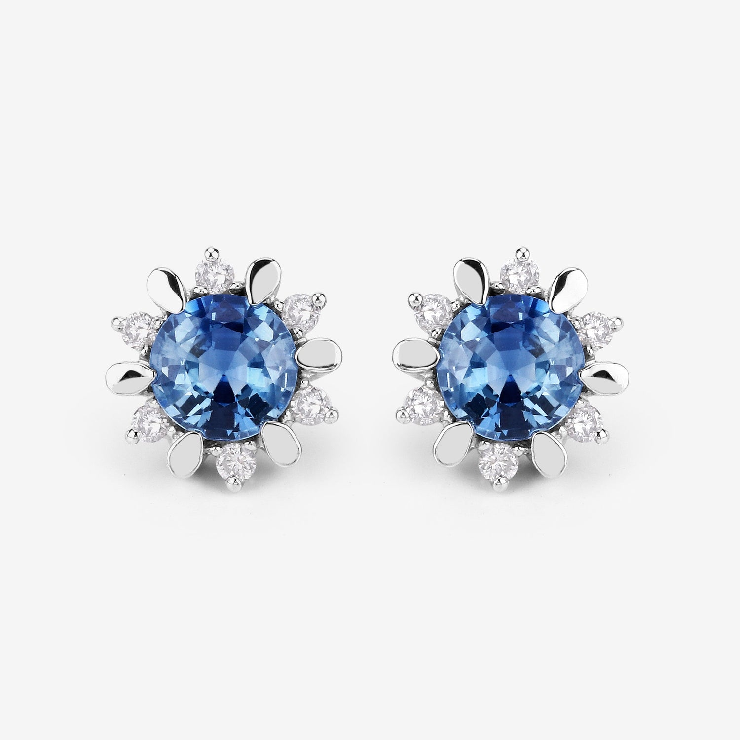 1.87 Carat Genuine Blue Sapphire and White Diamond 14K White Gold Earrings