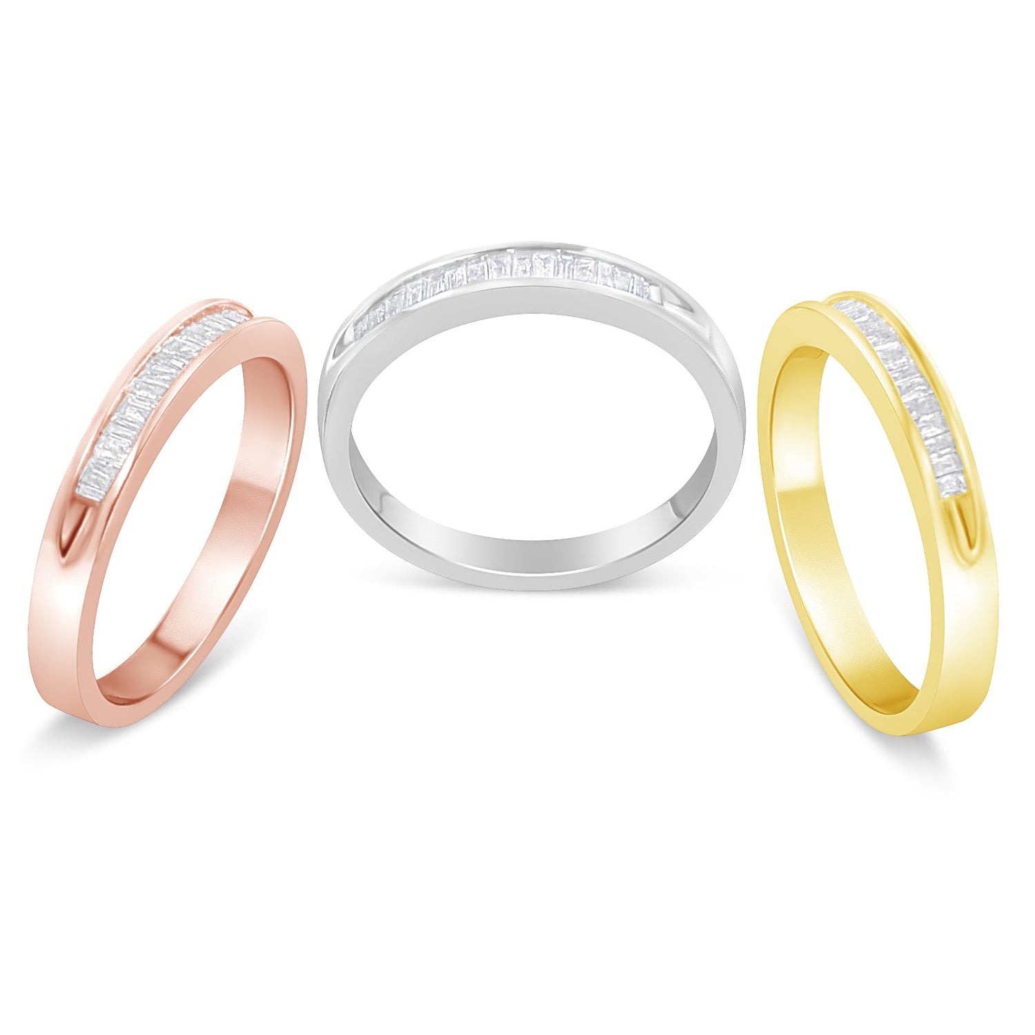 10K Yellow, White and Rose Gold over .925 Sterling Silver 5/8 Cttw Diamond Channel-Set Stackable Band Ring Set (H-I Color, I1-I2 Clarity) - Size 6 3/4 by Bids.com