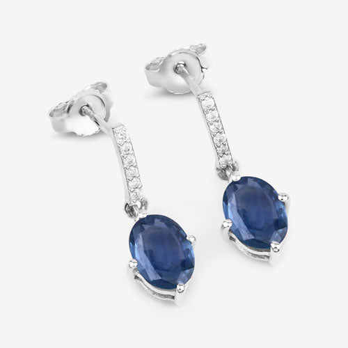 1.95 Carat Genuine Blue Sapphire and White Diamond 10K White Gold Earrings  DestGlow