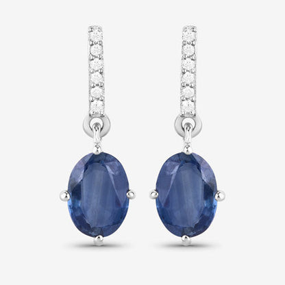1.95 Carat Genuine Blue Sapphire and White Diamond 10K White Gold Earrings  DestGlow