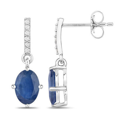 1.95 Carat Genuine Blue Sapphire and White Diamond 10K White Gold Earrings  DestGlow