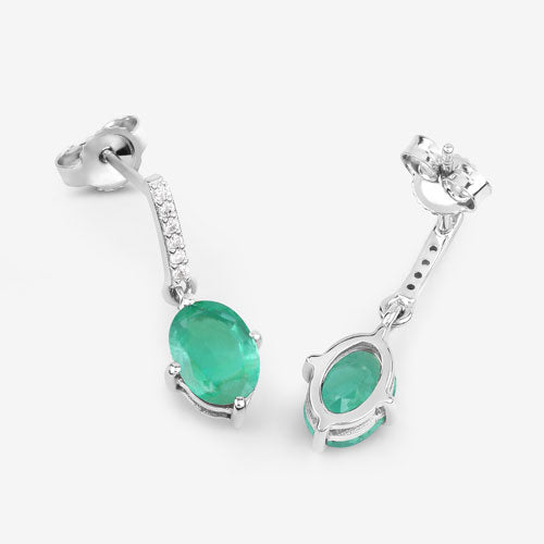 1.49 Carat Genuine Zambian Emerald and White Diamond 10K White Gold Earrings  DestGlow
