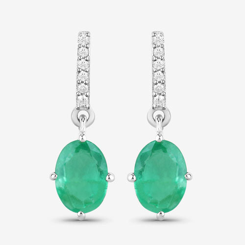 1.49 Carat Genuine Zambian Emerald and White Diamond 10K White Gold Earrings  DestGlow