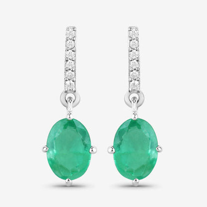 1.49 Carat Genuine Zambian Emerald and White Diamond 10K White Gold Earrings  DestGlow