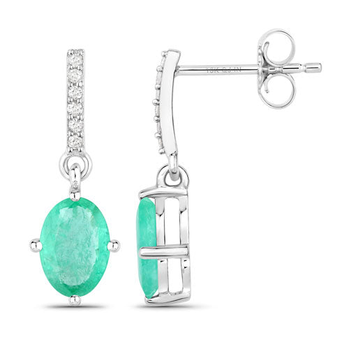 1.49 Carat Genuine Zambian Emerald and White Diamond 10K White Gold Earrings  DestGlow