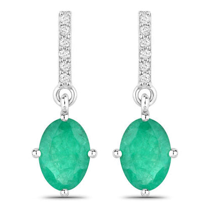 1.49 Carat Genuine Zambian Emerald and White Diamond 14K White Gold Earrings