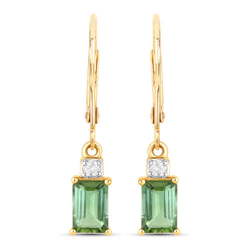1.28 Carat Genuine Green Tourmaline and White Diamond 14K Yellow Gold Earrings  DestGlow