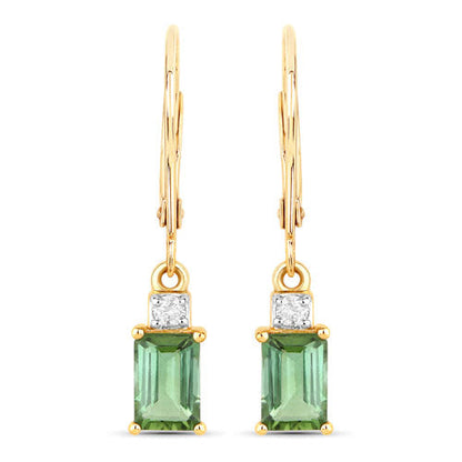 1.28 Carat Genuine Green Tourmaline and White Diamond 14K Yellow Gold Earrings  DestGlow