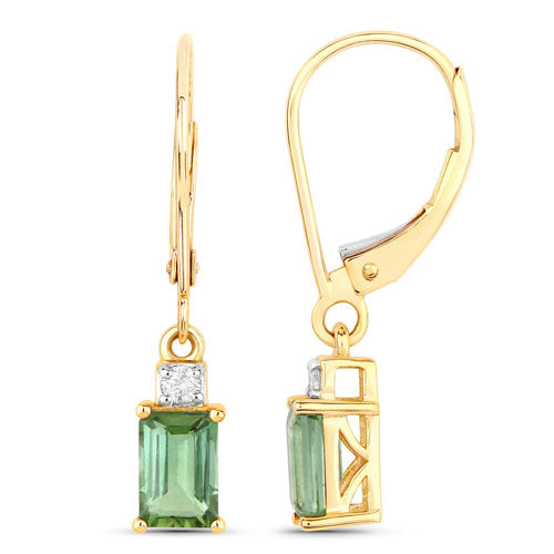 1.28 Carat Genuine Green Tourmaline and White Diamond 14K Yellow Gold Earrings  DestGlow