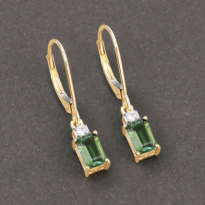 1.28 Carat Genuine Green Tourmaline and White Diamond 14K Yellow Gold Earrings  DestGlow