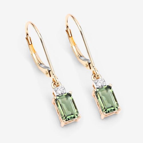 1.28 Carat Genuine Green Tourmaline and White Diamond 14K Yellow Gold Earrings  DestGlow