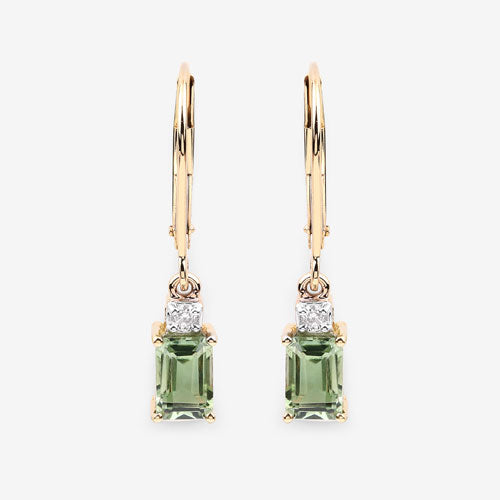 1.28 Carat Genuine Green Tourmaline and White Diamond 14K Yellow Gold Earrings  DestGlow