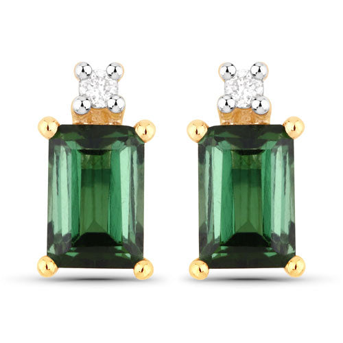 1.24 Carat Genuine Green Tourmaline and White Diamond 14K Yellow Gold Earrings by Bids.com