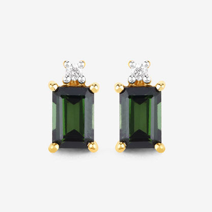 1.24 Carat Genuine Green Tourmaline and White Diamond 14K Yellow Gold Earrings by Bids.com