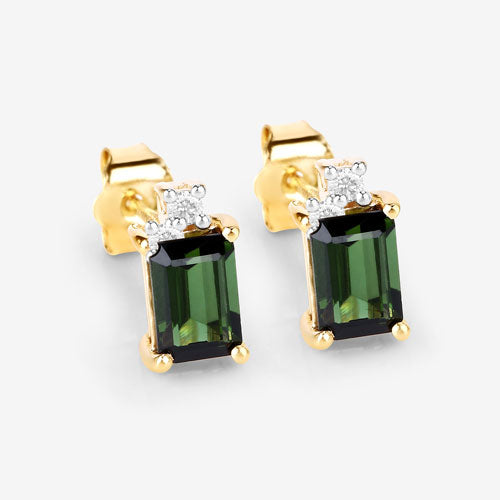 1.24 Carat Genuine Green Tourmaline and White Diamond 14K Yellow Gold Earrings by Bids.com