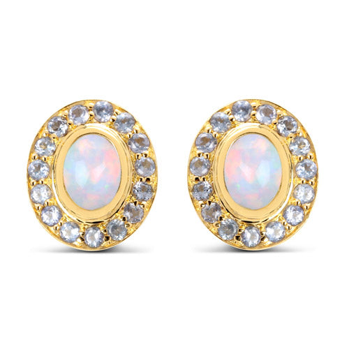 14K Yellow Gold Plated 2.01 Carat Genuine Ethiopian Opal and Tanzanite .925 Sterling Silver Earrings  DestGlow