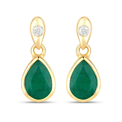 1.35 Carat Genuine Zambian Emerald and White Diamond 14K Yellow Gold Earrings  DestGlow