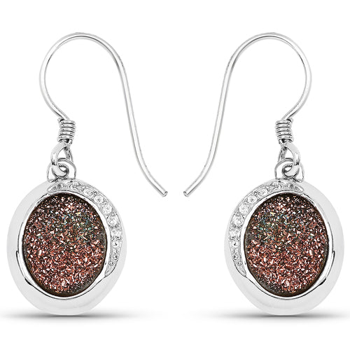 4.72 Carat Genuine Copper Bloom Drusy and White Topaz .925 Sterling Silver Earrings by Bids.com