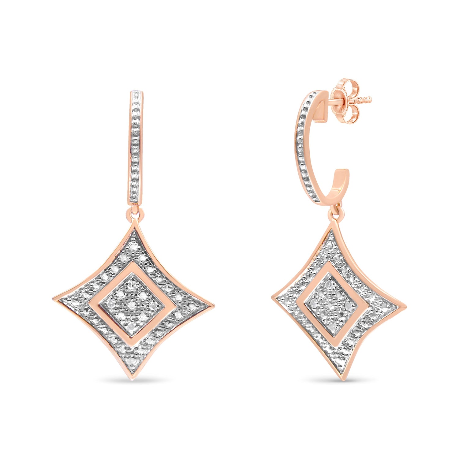 14K Rose Gold Plated .925 Sterling Silver Round-Cut Diamond Accent Dangle Rhombus Earrings (H-I Color, I2-I3 Clarity)  DestGlow