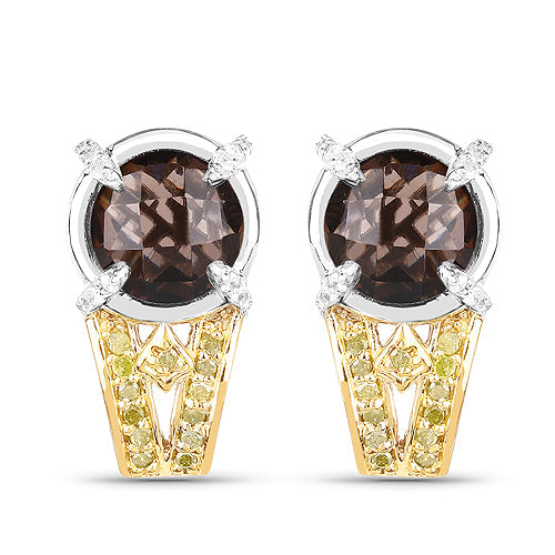 3.75 Carat Genuine Smoky Quartz, Yellow Diamond and White Diamond .925 Sterling Silver Earrings by Bids.com