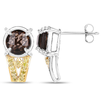 3.75 Carat Genuine Smoky Quartz, Yellow Diamond and White Diamond .925 Sterling Silver Earrings by Bids.com