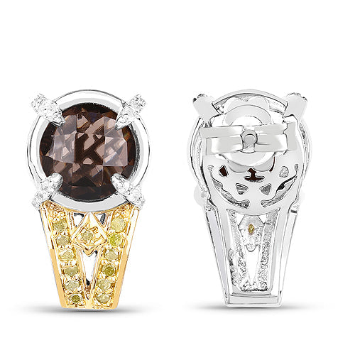 3.75 Carat Genuine Smoky Quartz, Yellow Diamond and White Diamond .925 Sterling Silver Earrings by Bids.com