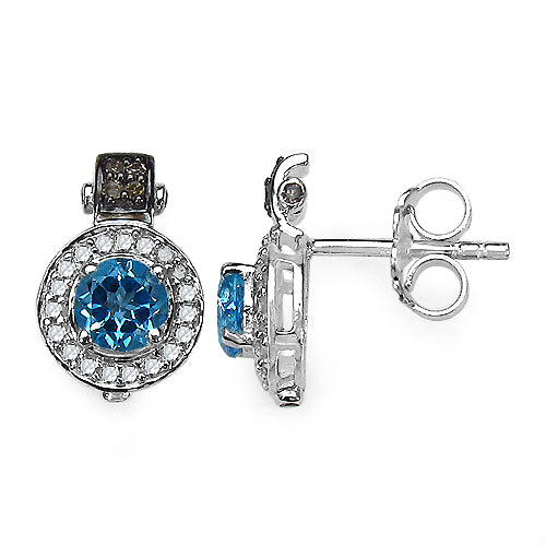 1.20 Carat Genuine Swiss Blue Topaz and 0.30 ct.t.w Genuine Diamond Accents Sterling Silver Earrings by Bids.com