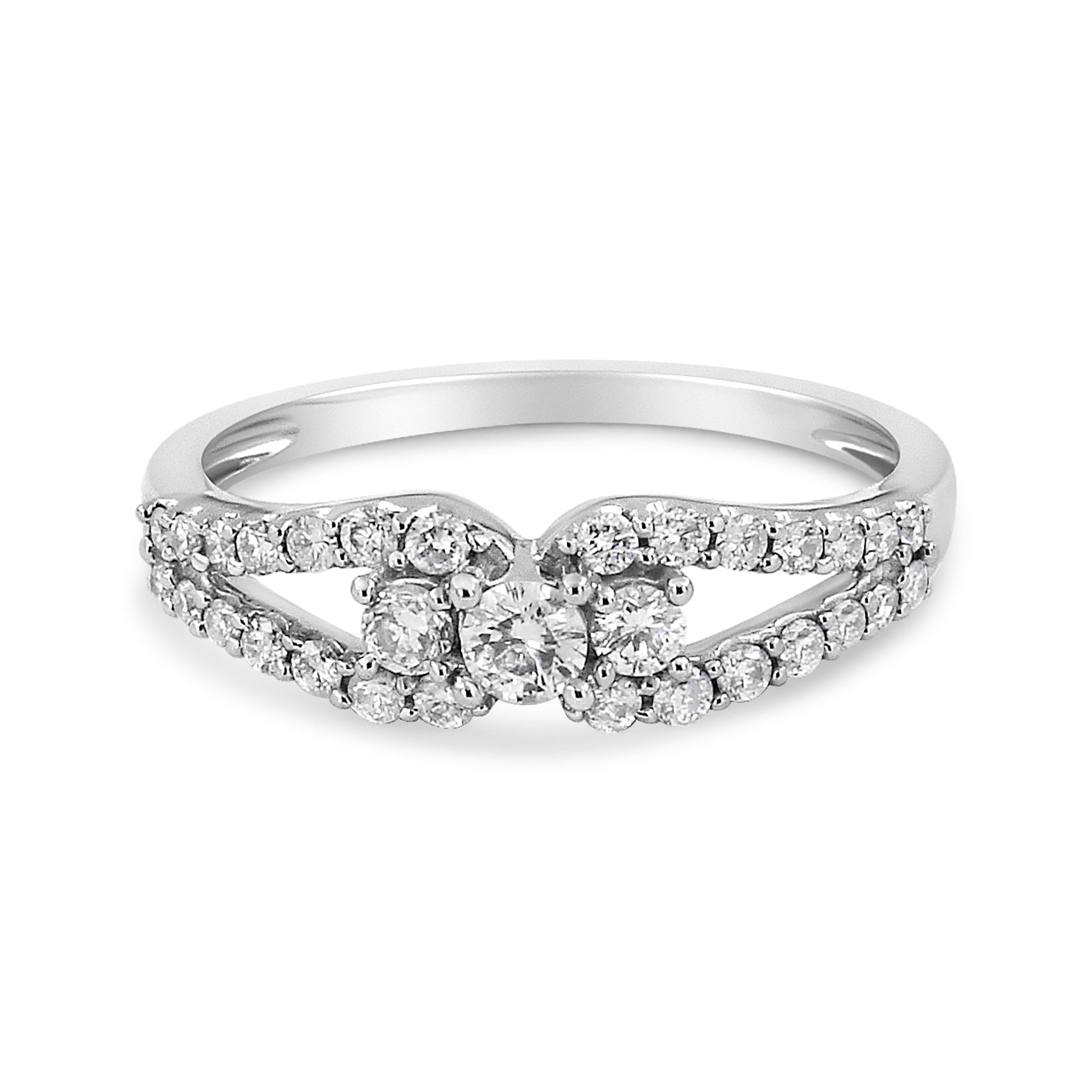 10K White Gold 1/2 Cttw Round Cut Diamond Three Stone Split Shank Band Ring (H-I Color, SI1-SI2 Clarity) - Size 6 by Bids.com