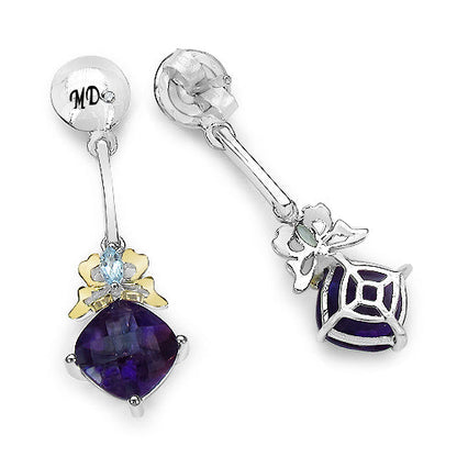 3.79 Carat Genuine Amethyst, Blue Topaz &amp; White Diamond .925 Sterling Silver Earrings by Bids.com