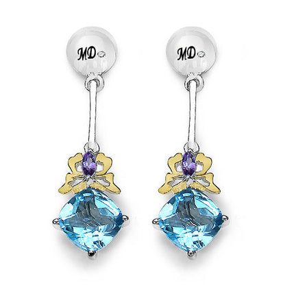 5.55 Carat Genuine Blue Topaz, Amethyst &amp; White Diamond .925 Sterling Silver Earrings by Bids.com