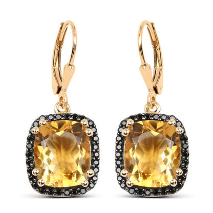 14K Yellow Gold Plated 8.90 Carat Genuine Citrine &amp; Black Spinel .925 Sterling Silver Earrings  DestGlow
