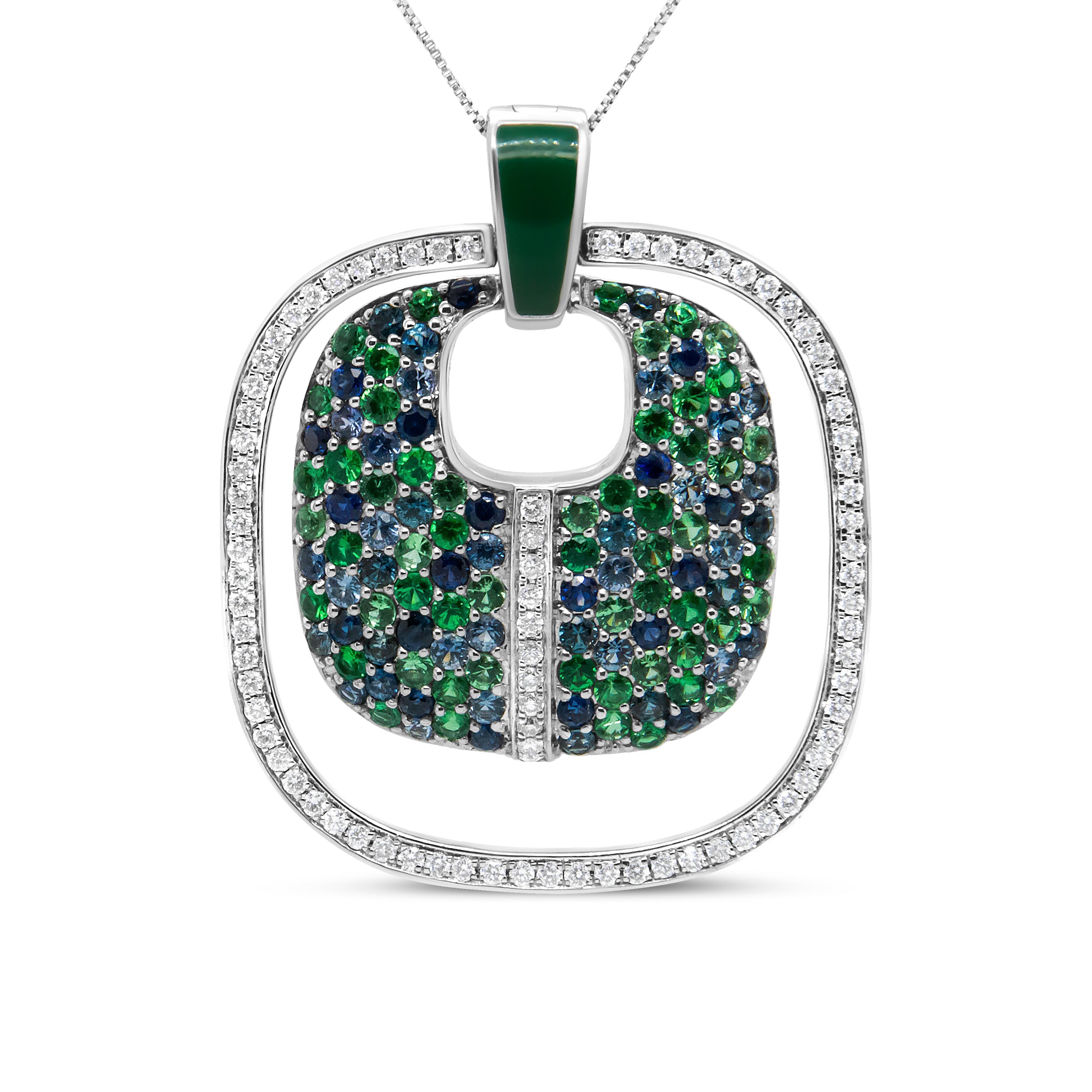 .925 Sterling Silver Green Enamel Pendant with 1/2 Cttw Diamond, Sapphire, and Tsavorite Openwork Statement 18" Pendant Necklace (F-G Color, VS1-VS2 Clarity) by Bids.com