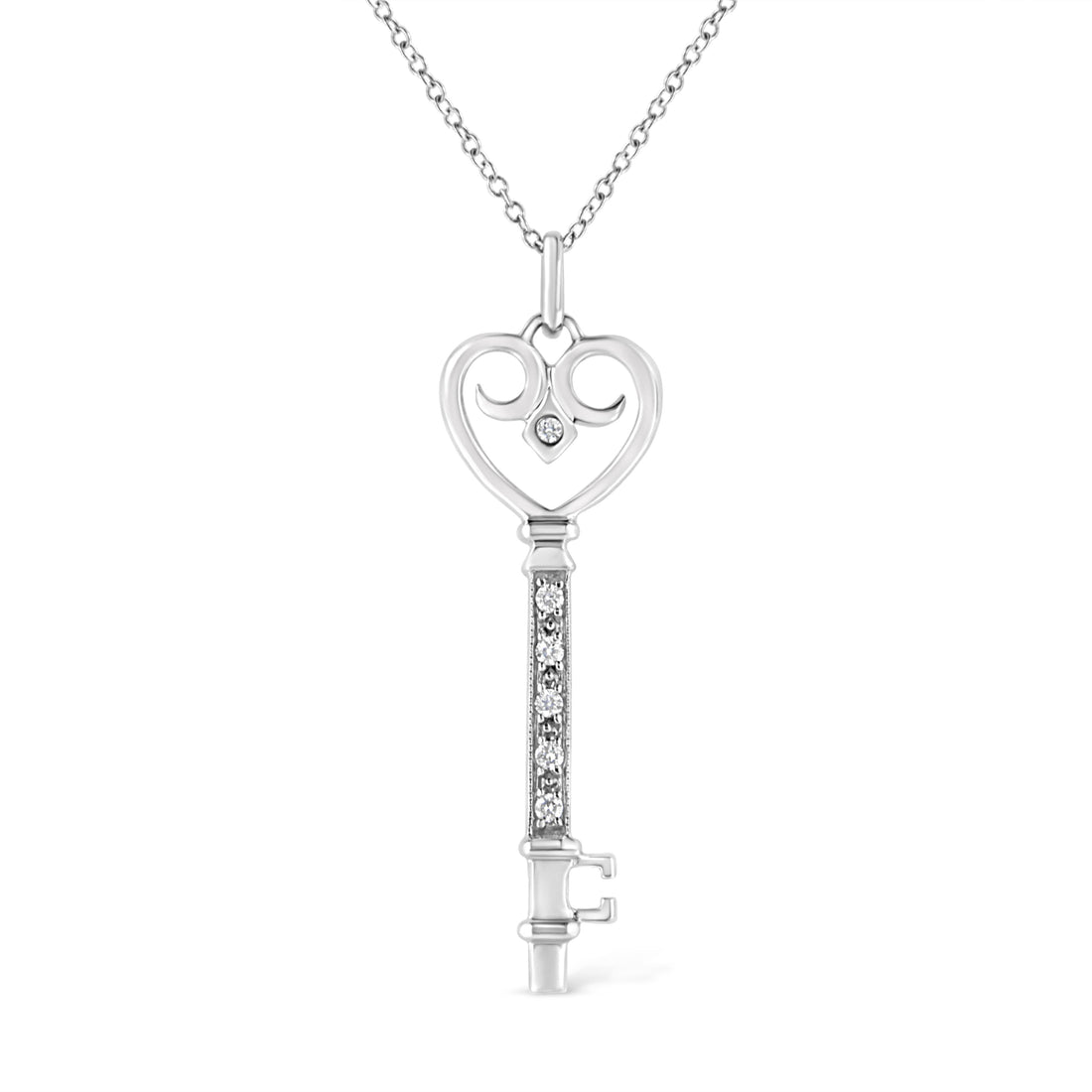 .925 Sterling Silver Pave and Bezel-Set Diamond Accent Key 18" Heart and Lock Pendant Necklace (K-L Color, I1-I2 Clarity) by Bids.com