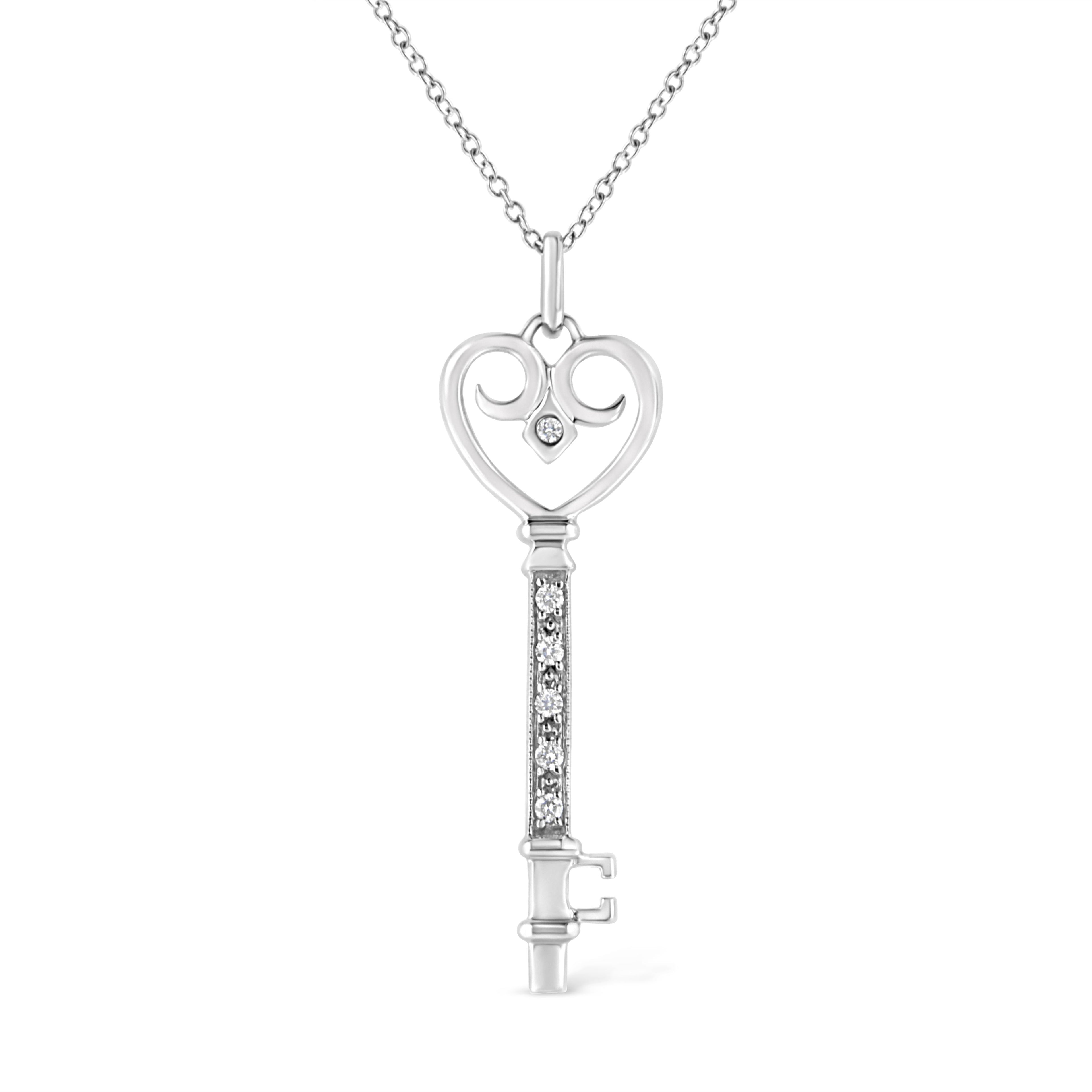 .925 Sterling Silver Pave and Bezel-Set Diamond Accent Key 18" Heart and Lock Pendant Necklace (K-L Color, I1-I2 Clarity) by Bids.com