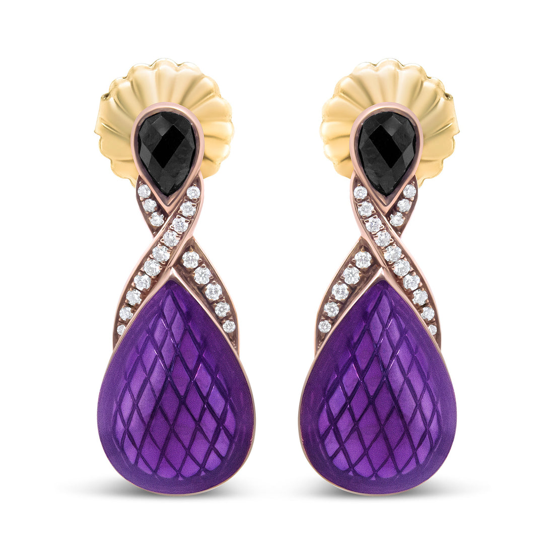 18K Rose Gold Flash Plated .925 Sterling Silver Purple Enamel 1/5 Cttw Round Pave-Set Diamond and 5.5 x 4mm Pear-Shaped Black Onyx Drop Earrings (F-G Color, VS1-VS2 Clarity) by Bids.com