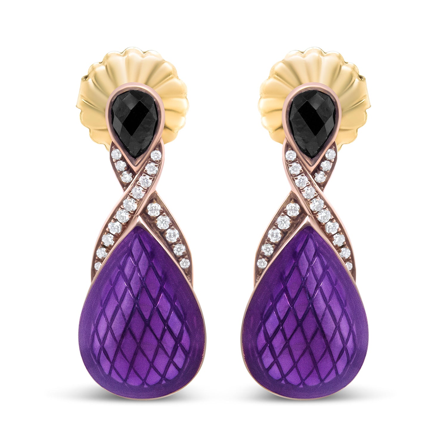 18K Rose Gold Flash Plated .925 Sterling Silver Purple Enamel 1/5 Cttw Round Pave-Set Diamond and 5.5 x 4mm Pear-Shaped Black Onyx Drop Earrings (F-G Color, VS1-VS2 Clarity) by Bids.com