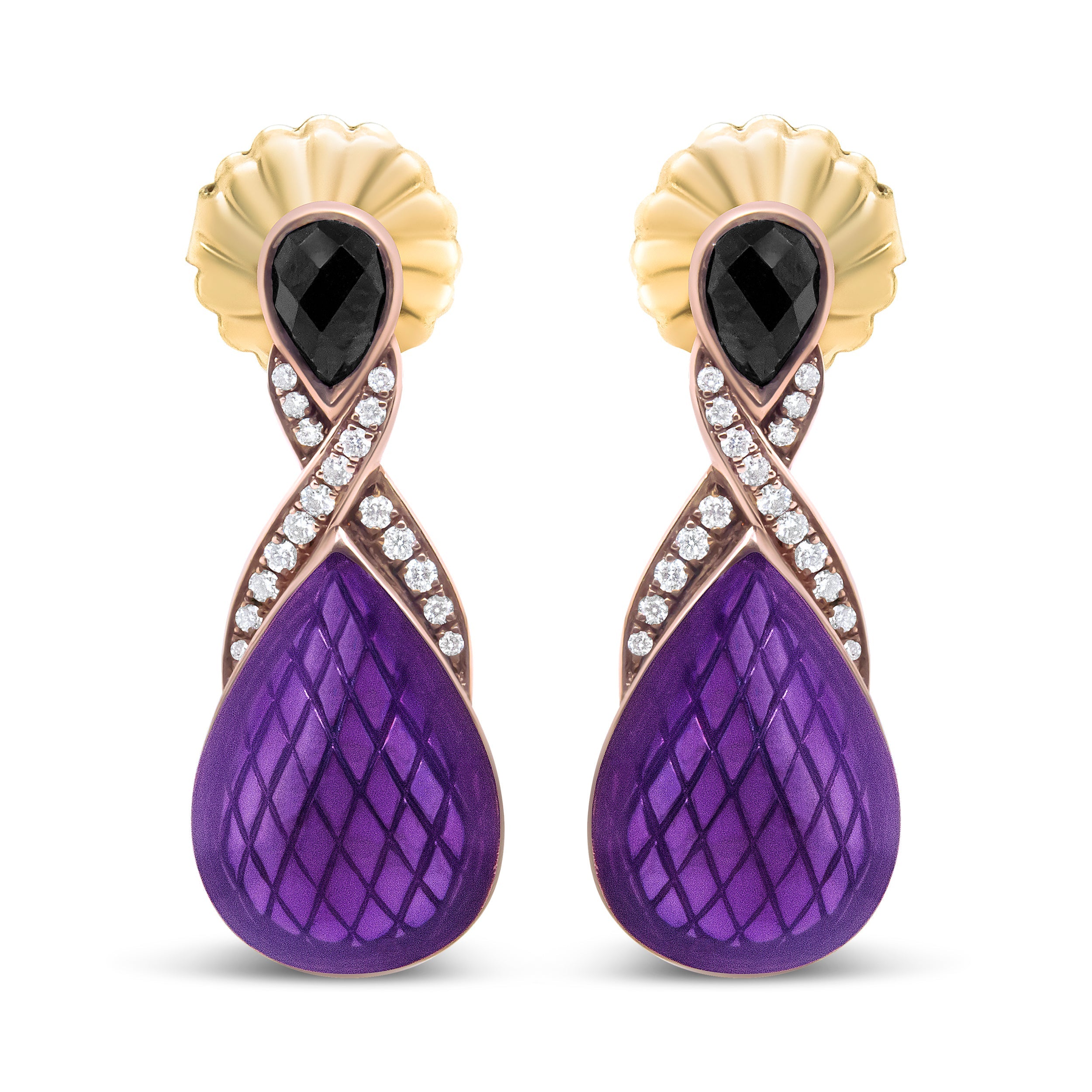 18K Rose Gold Flash Plated .925 Sterling Silver Purple Enamel 1/5 Cttw Round Pave-Set Diamond and 5.5 x 4mm Pear-Shaped Black Onyx Drop Earrings (F-G Color, VS1-VS2 Clarity) by Bids.com