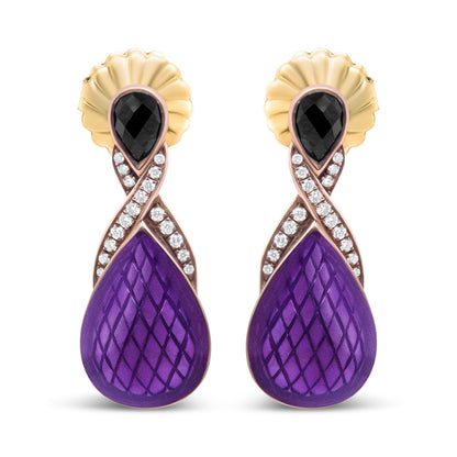 18K Rose Gold Flash Plated .925 Sterling Silver Purple Enamel 1/5 Cttw Round Pave-Set Diamond and 5.5 x 4mm Pear-Shaped Black Onyx Drop Earrings (F-G Color, VS1-VS2 Clarity) by Bids.com