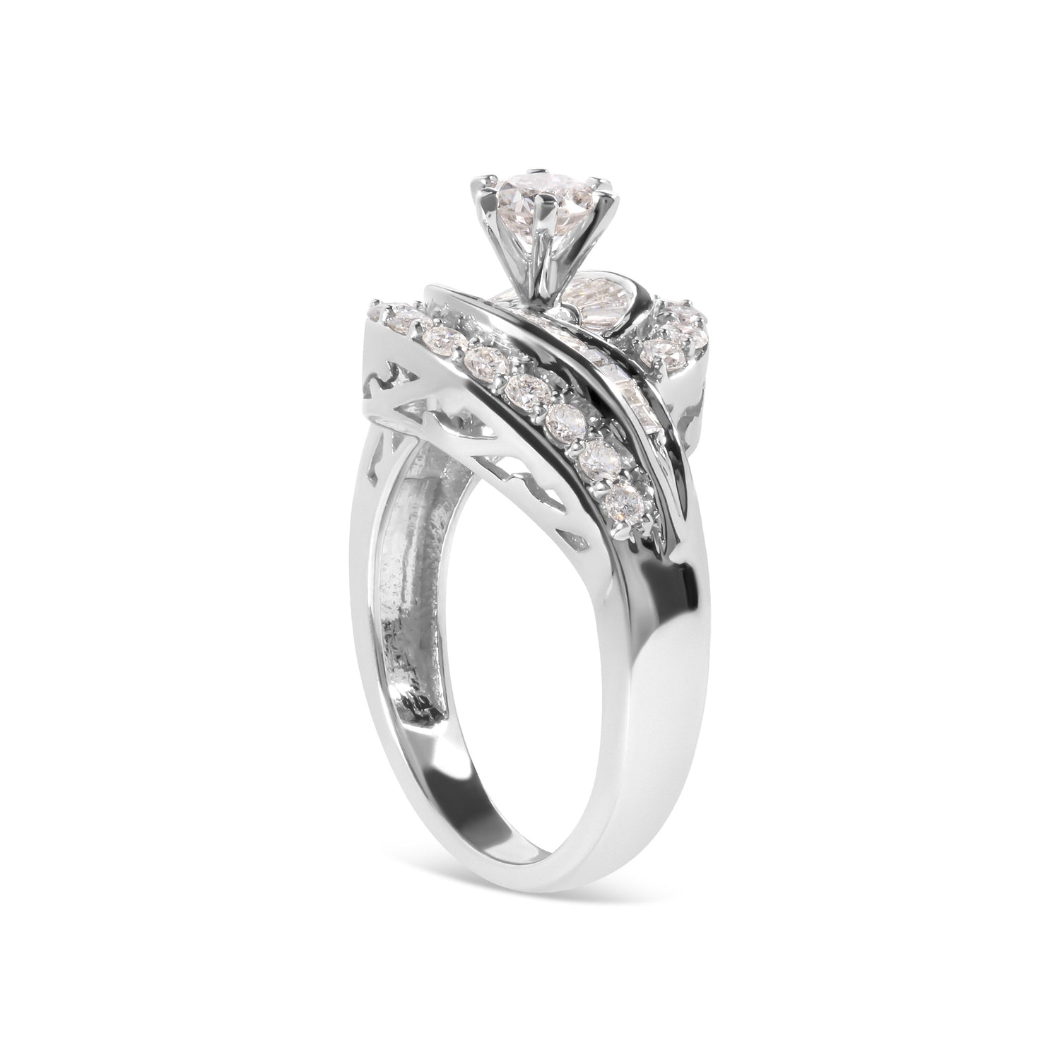 14K White Gold 1.00 Cttw Round and Baguette cut Diamond Swirl Cocktail Ring (H-I Color, SI2-I1 Clarity) - Ring Size 7  DestGlow